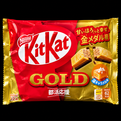 KitKat Gold Salted Caramel Japan bag on pure black background