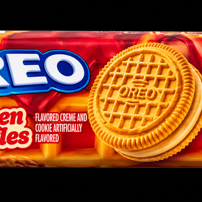 Oreo Chicken and Waffles cookies package on black background