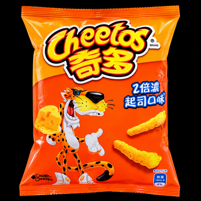 Cheetos double rich cheese flavor Taiwan orange bag black background