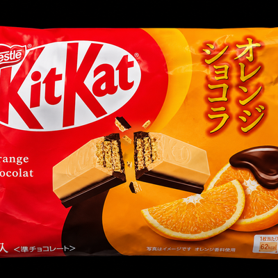 KitKat Choco Orange Japan 9-piece bag on black background