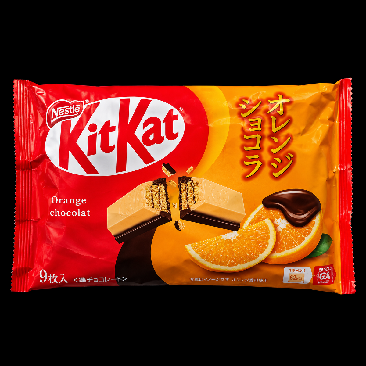 KitKat Choco Orange Japan 9-piece bag on black background