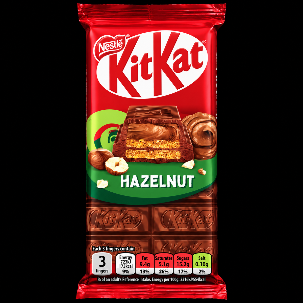 KitKat Hazelnut 99g UK on black background