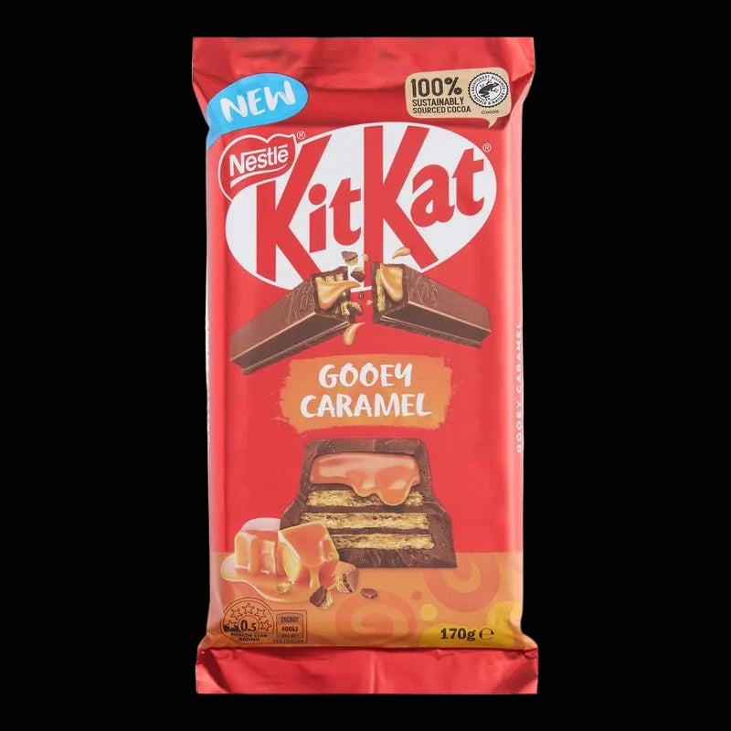 A 170g package of Nestle KitKat Gooey Caramel chocolate bar in its signature red wrapper, featuring illustrations of the chocolate bar and caramel details.