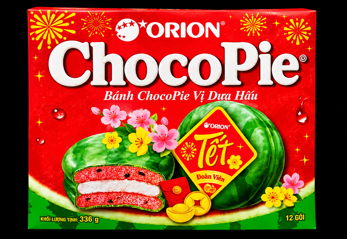 Orion Choco Pie Watermelon Vietnam 12-pack on black background