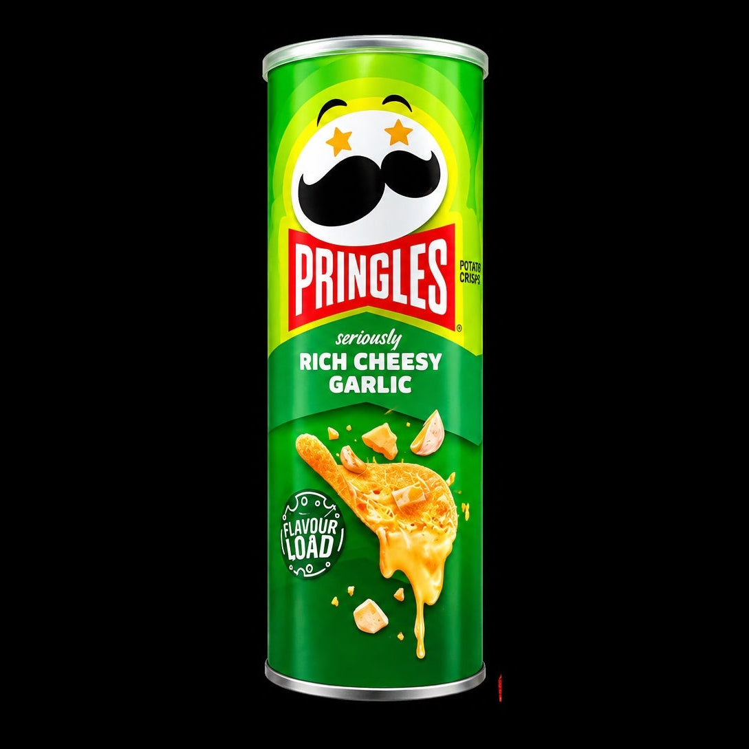 Pringles Cheesy Garlic Korea on black background