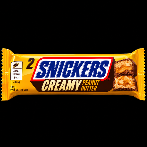 Snickers Creamy Peanut European 36.5g on pure black background