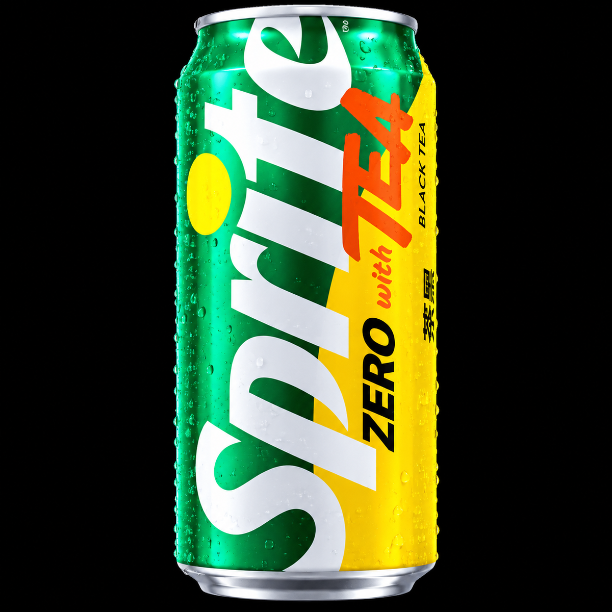 Sprite Zero with Black Tea can on black background